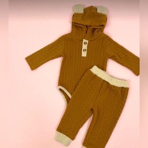 Two-Piece Teddy Bear Onesie with Hood & Matching Pants. Soft Cotton. Brown/Ivory
